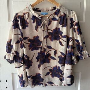 Draper James Blue and Gray Floral Puff Sleeve Blouse with Tie Front